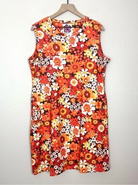 Lesley Evers Retro Mod Orange Floral Sleeveless Tank Shift Dress Size XL